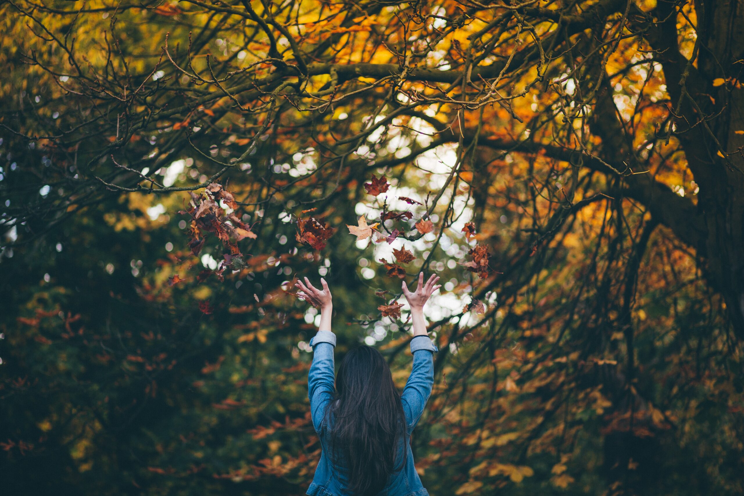 Girl throwing up leaves
